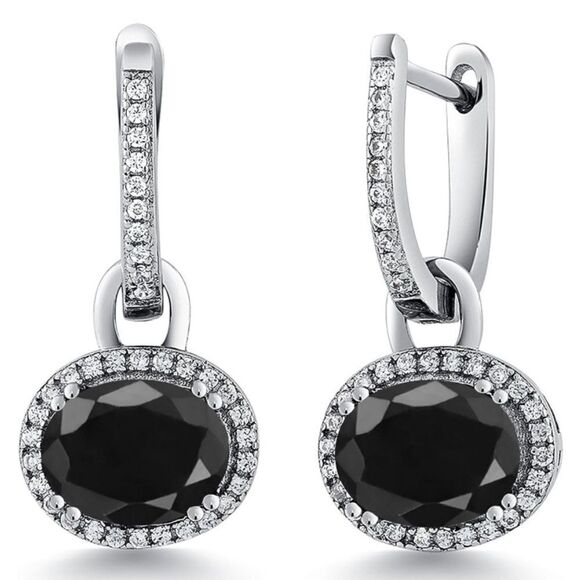 925 Sterling Silver with 5.92 Cttw Black Sapphire Oval French Lock Drop Earrings